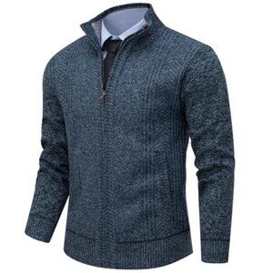 Mens Full Zip Cardigan Sweater Cable Knit Stand Collar Fleece Lined Warm